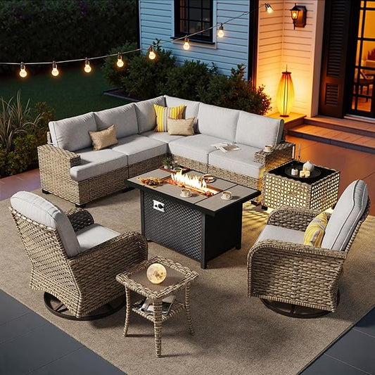 HOOOWOOO Sectional Patio Furniture Set with Fire Pit Table,10 Pieces Wicker Outdoor Furniture L Shaped Couch,Outside Conversation Set Extra Deep Seat Sofa Wide Arm Swivel Chairs Solar Table,Gray