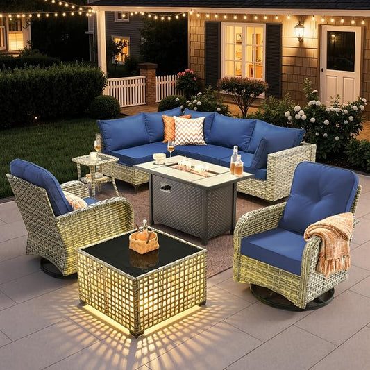 9 Pieces Outdoor Sectional Patio Furniture Set with 42" Fire Pit,Conversation Sets Rattan Wicker L Shaped Couch Swivel Rocking Chairs,Modular Outdoor Sofa for Porch Balcony Backyard Navy Blue