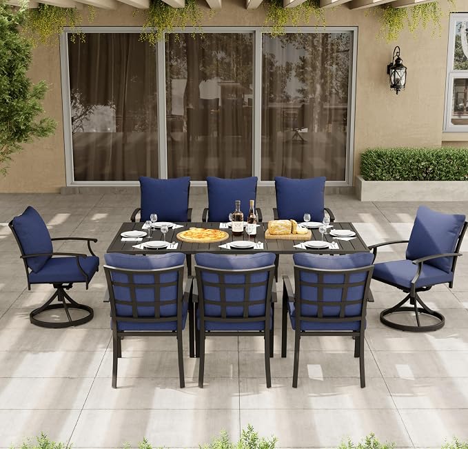 HAPPATIO 9-Piece Patio Dining Set, Outdoor Dining Set with Powder-Coated Metal, Dining Table with Umbrella Hole, 6 Stackable and 2 Swivel Chairs with Removable Cushions for Porch Pool Garden,Navy Blue