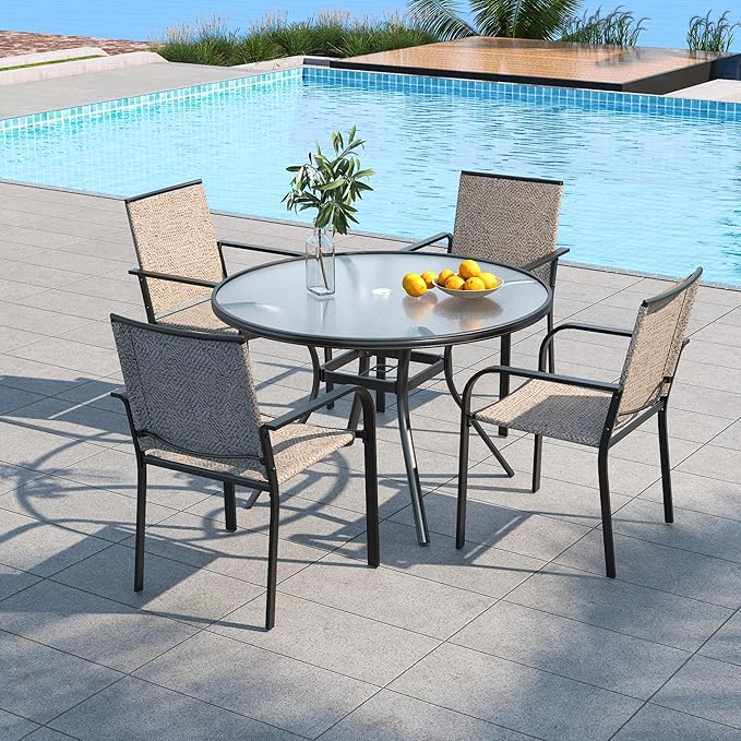 Anmutig 5-Piece Outdoor Patio Dining Set, 40-Inch Round Glass Table with 4 Stackable Chairs, Beige Grey