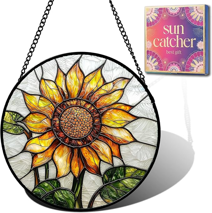 Sunflower Gifts for Women - Yellow Flower Faux Stained Glass Window Hanging Sun Catcher for Door Garden Acrylic Decor Mother's Day Christmas Birthday Gift for Mom Nana Grandma Sisters Colleague 6.3"