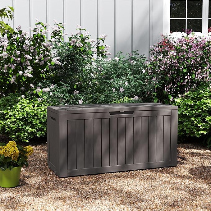 Outdoor Storage Box Waterproof with Wheels, 76 Gallon Lockable Resin Deck Box Patio Storage Bin for Pool Accessories Cushion Furniture, Garden Tools, UV-Resistant Outside Delivery Grey