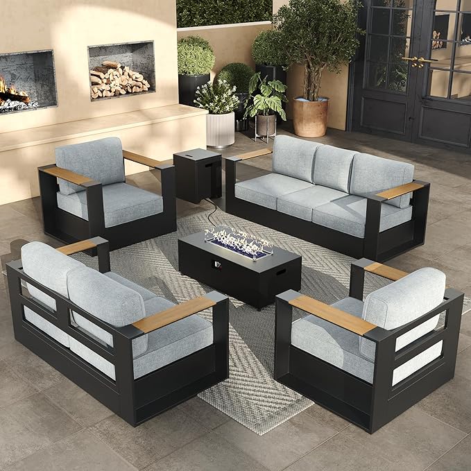 Aluminum Patio Furniture Set, 7 Seats Luxury Seating Furniture with 42" Fire Pit Table, All Weather Outdoor Conversation Sets with 6" Thickened Cushions