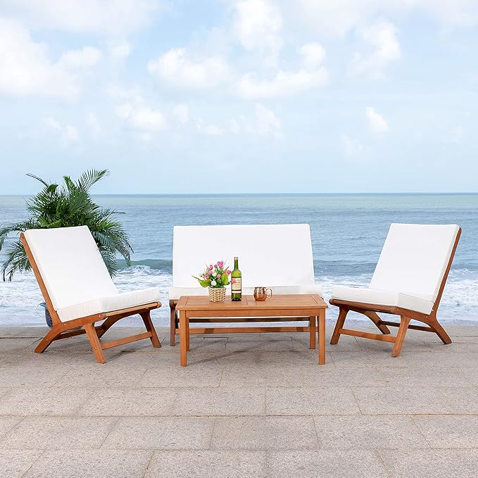 SAFAVIEH Outdoor Collection Chaston Natural Wood/Beige Cushion 4-Piece Conversation Patio Set