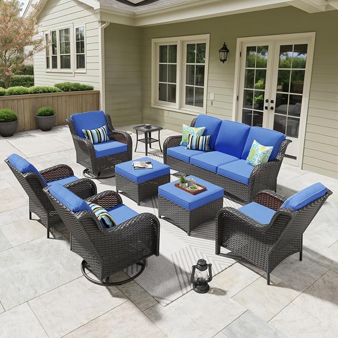 ovios 8 Pieces Patio Furniture Set with Swivel Rocking Chairs, Outdoor Wicker Sofa Couch Comfy Cushions, All Weather High Back Modern Conversation Set, Brown Rattan, Navy Blue