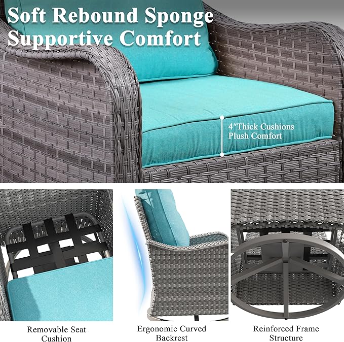 13 Piece Wicker Patio Furniture Set with 55,000 BTU Fire Pit Table, Swivel Rocking Chairs, 4''Cushions, PE Rattan, Wind Guard Glass, for Backyard, Deck or Balcony, Blue