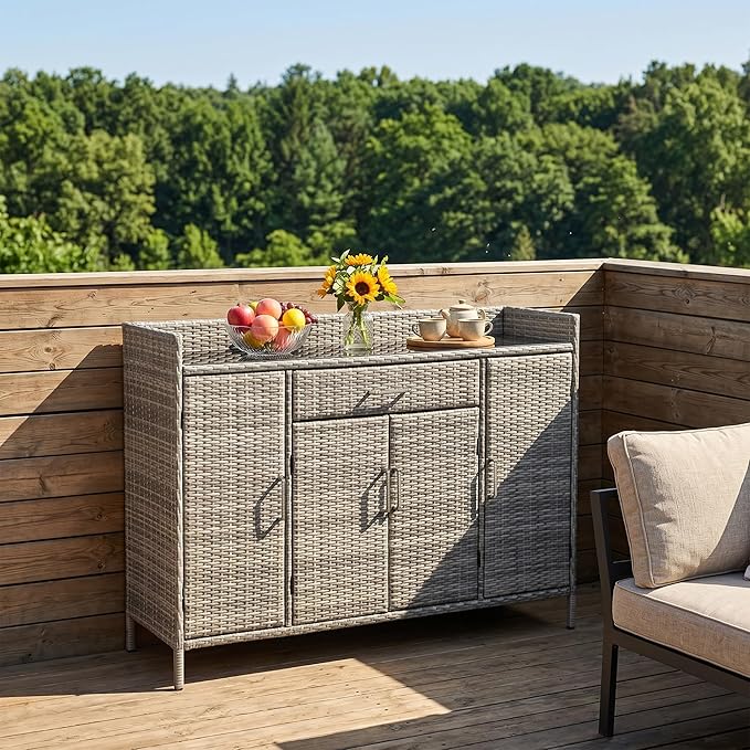 RUNNA 53.2" W Outdoor Weather-Proof Rattan Storage Cabinet with Tempered Glass Desktop,Outdoor Wicker Bar Table with One Large Drawer & Adjustable Shelves for Patio, Backyard,Garden,Pool (Grey#81)