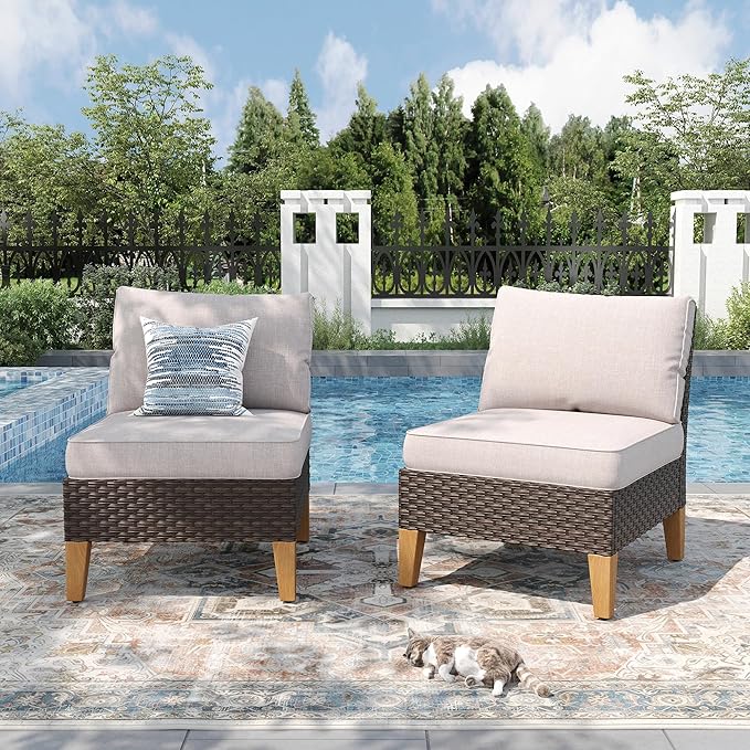 PHI VILLA Oversized Outdoor Wicker Patio Furniture Sofa Set of 2 Pieces Beige Patio Conversation Armless Rattan Sofa Chair Balcony Bistro