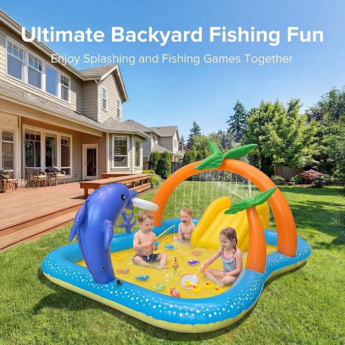 Kiddie Pool with Slide Inflatable Play Center Wading Lounge Kids Pool, Coconut Palm Sprinkler, Water Game Play Center 95''x75''x40'', Blue