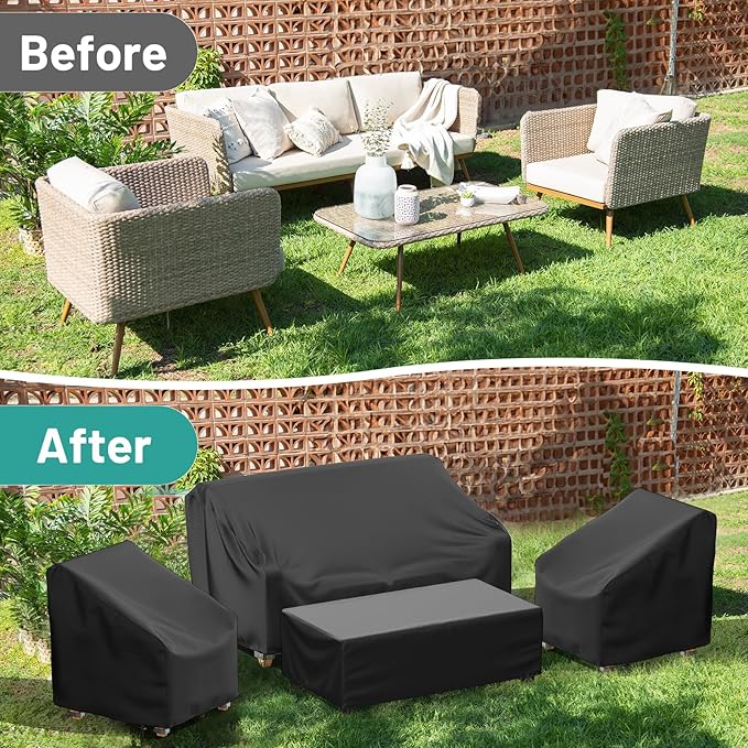 Mrrihand Patio Furniture Covers, 4 Piece Outdoor Furniture Cover Waterproof includ Ourdoor Sofa Cover, 2 Chair Covers, Coffee Table Cover with Windproof Buckle Strap and Adjustable Drawstring-Black