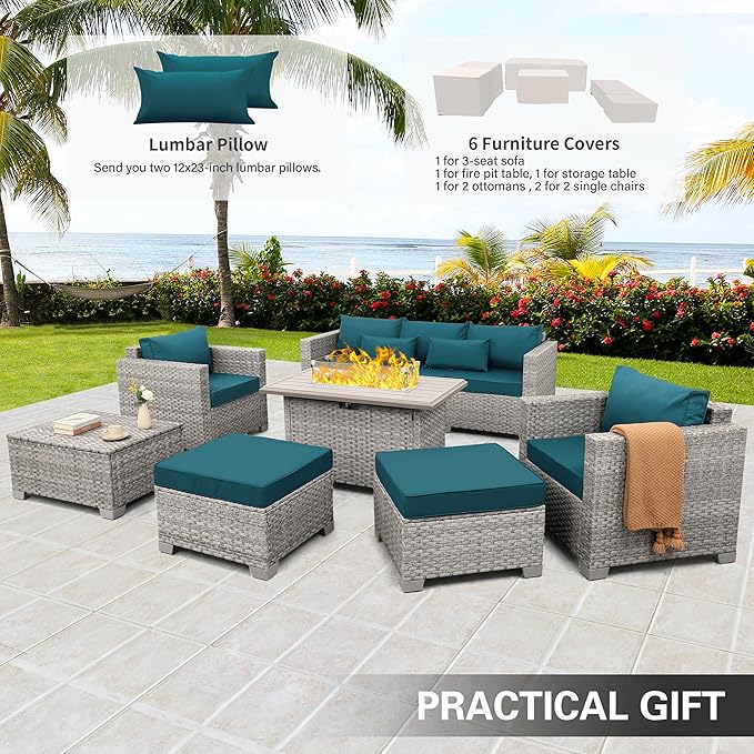 WAROOM Patio Furniture Set 6 Piece PE Rattan Outdoor Conversation Sets Grey Wicker Couch Sectional Sofa with Fire Pit Table and Peacock Blue Cushion