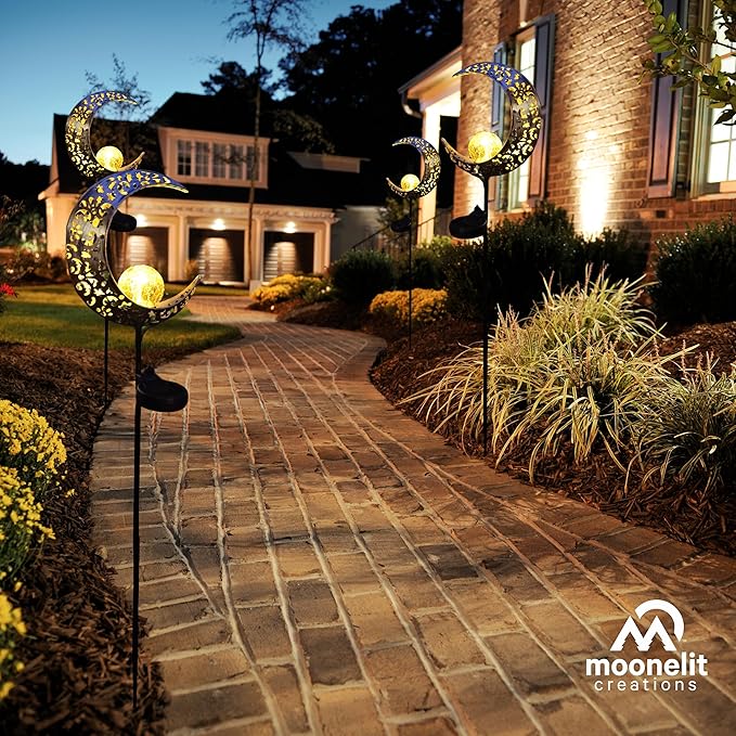 MCSSMOON Solar LED Crescent Moon Garden Light – Waterproof Metal Stake with Crackled Glass Globe
