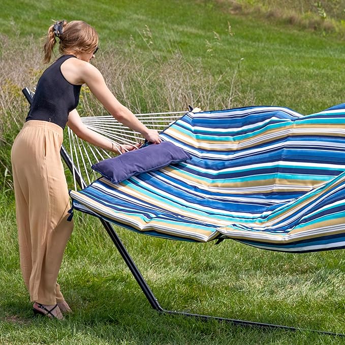 Sunnydaze Rope Hammock with Stand for Outside- 275-Pound Capacity - Includes 12-Foot Hammock Stand, Spreader Bar, Pad, and Pillow - Lakeview