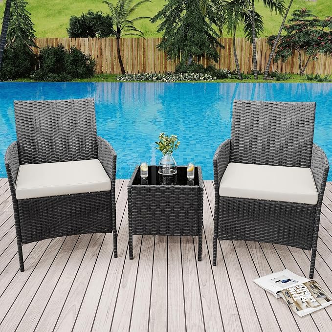 3-Piece Patio Conversation Set – Modern Outdoor PE Rattan Sofa, Glass Coffee Table, Soft Cushions – Ideal for Balcony, Porch, Poolside – Black Rattan/Ivory Seat Cushion