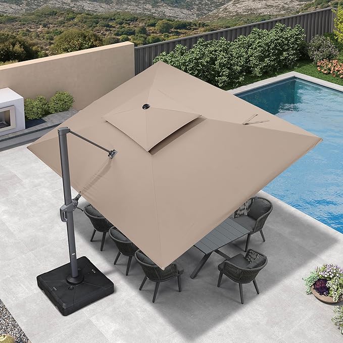 PURPLE LEAF 10' X 13' Cantilever Outdoor Umbrellas Large Patio Umbrella Hanging Double Top Rectangle Offset Umbrella with 360°Rotation Tilting Umbrella Outdoor Patio Taupe