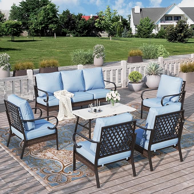 HERA'S HOUSE 6 Piece Metal Patio Furniture Set, All Weather Outdoor Conversation Set with 3-Seat Sofa, 4 Fixed Chairs & Coffee Table, 7 Seats for Backyard, Garden, Deck, Blue