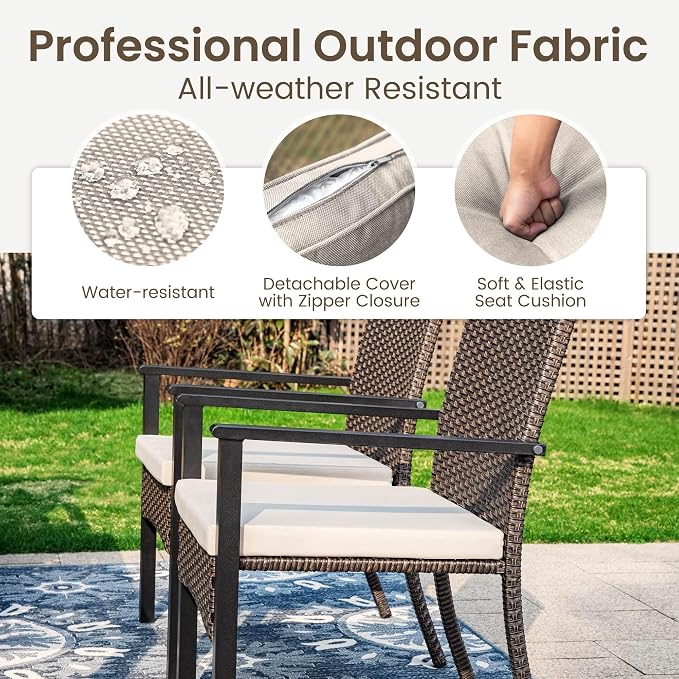 PHI VILLA Wicker Patio Dining Chairs Set of 4 with Removable Cushions | 4 Rattan dining chairs with thick removable seat cushions. Sturdy steel frame, easy assembly.