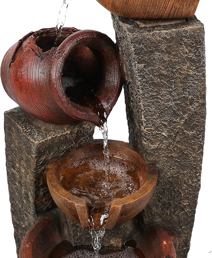 LuxenHome Outdoor Water Fountain, 32 Inch Farmhouse Water Fountain Outdoor with Lights, Cascading Pitchers Po Indoor and Outdoor Fountains and Waterfalls, Garden Water Feature Decor