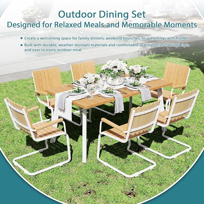 7 Piece Outdoor Conversation Set for 6, HDPE Patio Seating Set with Table and Chairs, All-Weather Outdoor Lounge Furniture with Umbrella Hole for Garden, Porch, Poolside, White & Teak