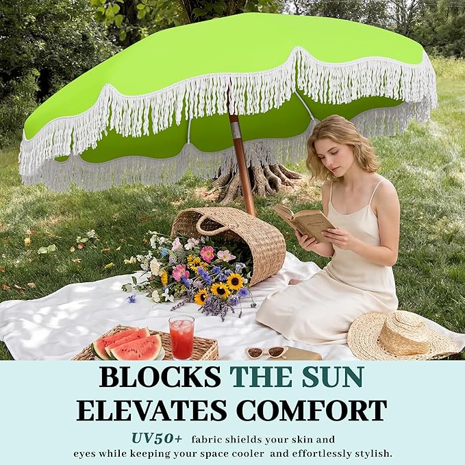 AreShark 7ft Patio Umbrella with Fringe, UPF50+ Beach Umbrella for Table, Pool & Garden, Portable Outdoor Tassels Umbrella w/Fiberglass Ribs&Push Bottom Tilt(Apple Green)
