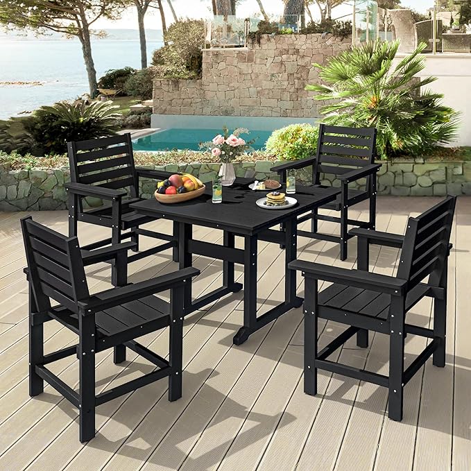 Patio Dining Chairs Set of 2, HDPE Weather Resistant Outdoor Chairs with Armrest, Heavy Duty 300LBS Support Patio Chairs for Backyard Deck Porch Balcony, Black