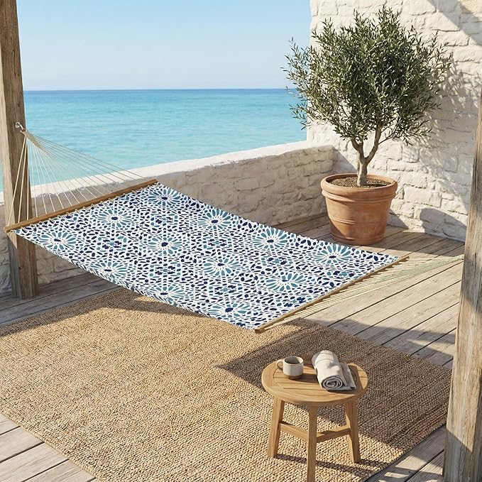 Fab Habitat Farmhouse Recycled Polyester Hammock - Mosaic Tile - Blue - Indoor/Outdoor, Quick Dry, 2 Person 460 lbs Capacity - Patio, Poolside, Backyard, Garden, Beach, Balcony - 12-14 ft Adjustable