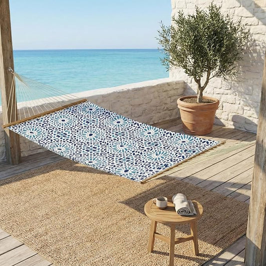 Fab Habitat Farmhouse Recycled Polyester Hammock - Mosaic Tile - Blue - Indoor/Outdoor, Quick Dry, 2 Person 460 lbs Capacity - Patio, Poolside, Backyard, Garden, Beach, Balcony - 12-14 ft Adjustable