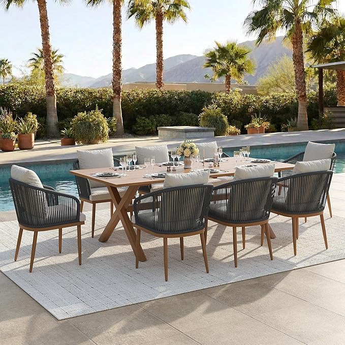9-Piece Patio Dining Table Sets, Woven Wicker Dining Set with Rectangular Aluminum Table and Dining Chairs Modern Outdoor Dining Furniture Set for Outdoors and Indoors