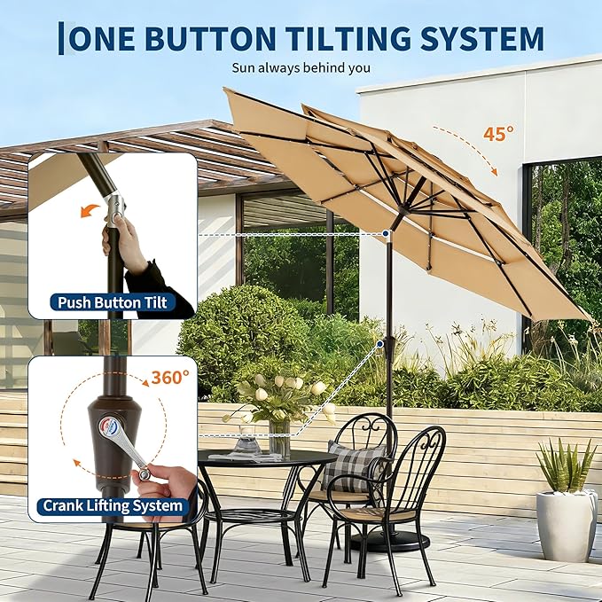 Garvee 9ft 10ft Patio Umbrella with Solar Lights, 3-Tier Umbrella Outdoor Patio with LED Lights, Ventilation, Easy Crank & Tilt, 8 Sturdy Ribs, UV Protection, Large Patio Umbrella for Deck, Pool