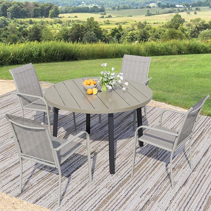 5-Piece Patio Furniture Set, Patio Table and Chairs Set of 4, Ivory Round Patio Table and Grey Chairs, Patio Furniture Set for Garden, Yard, Patio