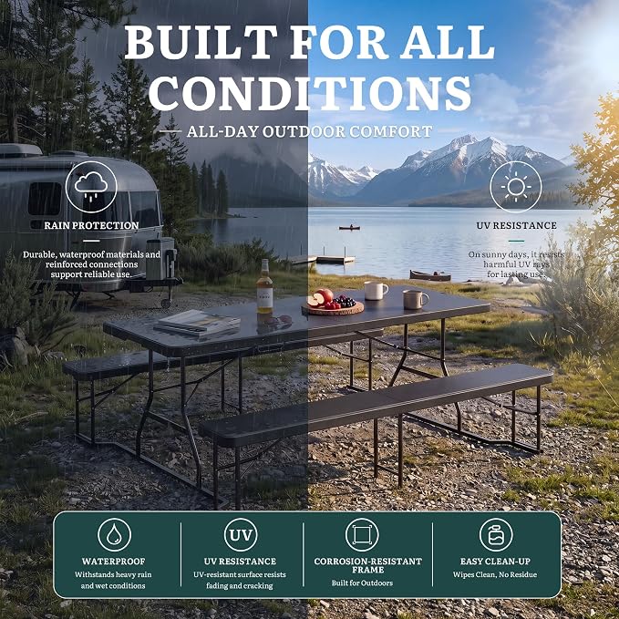 YITAHOME 6ft Folding Picnic Table with Benches, Heavy Duty Iron Frame & HDPE Plastic Table Set, Portable Outdoor Folding Table with Center Lock for Backyard, Park, Camping, Beach, Black