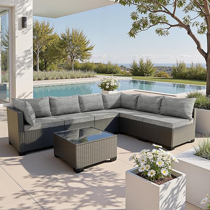 7 Piece Patio Furniture Set, All-Weather Water-Resistant Wicker Rattan Sectional Sofa, Modular Outdoor Conversation Set for Backyard, Garden, Poolside, Balcony