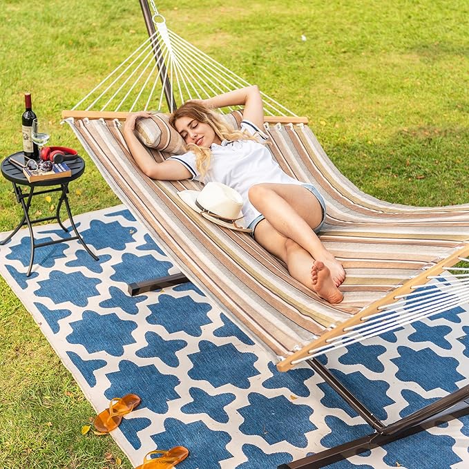 Lazy Daze Hammocks Quilted Fabric Hammock with 12 Feet Stand, 2 People Double Hammock with Stand for Outdoor Indoor Patio Garden Backyard, 450 lbs Capacity, Olive Green&Taupe Stripes