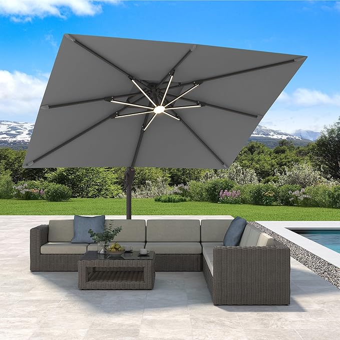 10' X 13' Cantilever Patio Umbrella with Base Included and Led Lights Double Top Rectangular Outdoor Large Offset Umbrellas with 7 Tilts Adjustable 360°Rotation for Deck Pool Garden Backyard, Grey