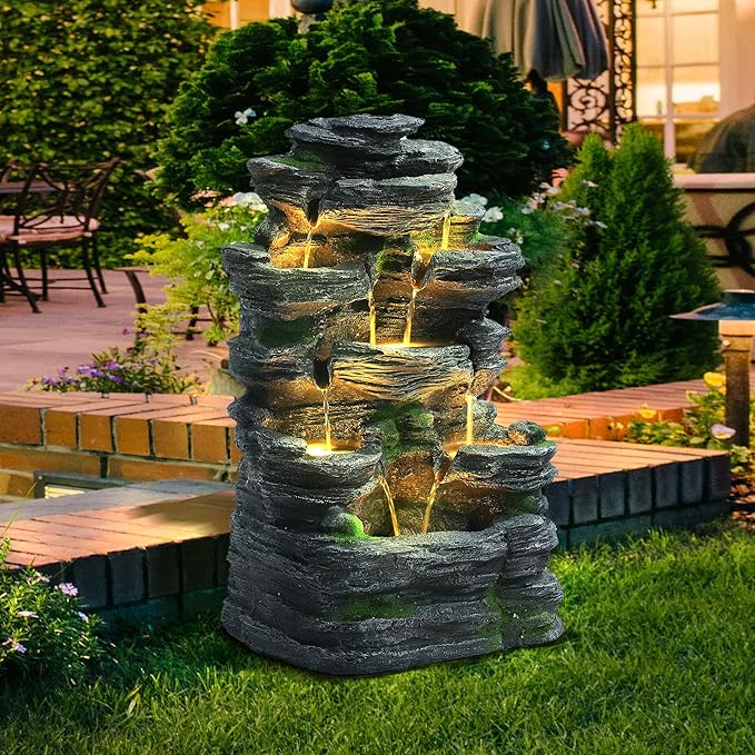 MAGIC UNION 7-Tier Cascading Rock Water Fountain, Outdoor Freestanding Fountains with LED Lights and Pump, Outdoor Garden Waterfall Decor for Patio, Yard and Deck Decor, Natural Stone Look (24" H)
