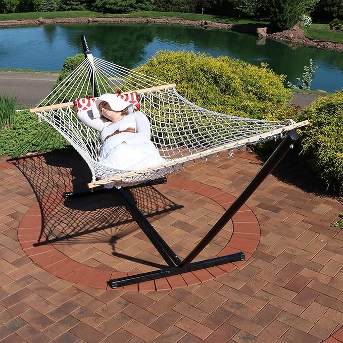 Sunnydaze Rope Hammock with Stand for Outside- 275-Pound Capacity - Includes 12-Foot Hammock Stand, Spreader Bar, Pad, and Pillow - Royal Red