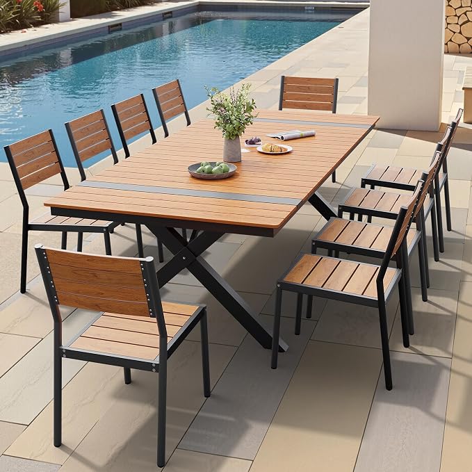 Pellebant 11 Piece Patio Table and Chairs Set for 10, Aluminum Outdoor Dining Set with Umbrella Hole, Stackable Dining Chairs & 94" Dining Table, Brown