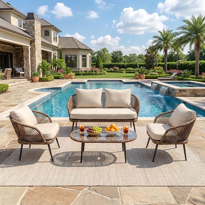 LITTLE TREE Wicker Patio Furniture Set with Coffee Table, 4 Piece Patio Sectional Furniture Set with Removable Cushions, Outdoor Conversation Set for Backyard, Garden, Porch, Balcony, Easy Assembly