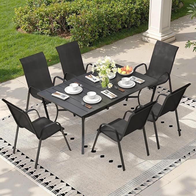 7 Pieces Outdoor Dining Set, 59.2" Rectangular Table with Umbrella Hole & Stackable Patio Dining Chairs, Patio Table and Chairs Set for Deck Garden Porch, Black Chairs & Black Table