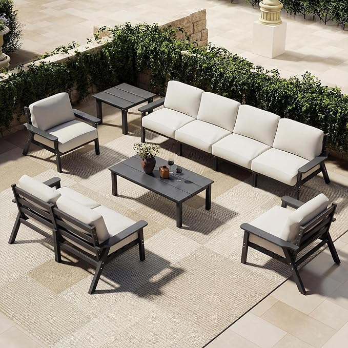 Patio Furniture Set 8 Seats, 4-Seater and 2-Seater Outdoor Sofas with Beige Washable Thick Cushions, Patio Conversation Sets for Lawn, Garden, Porch, Balcony, Deck (Grey Frame)