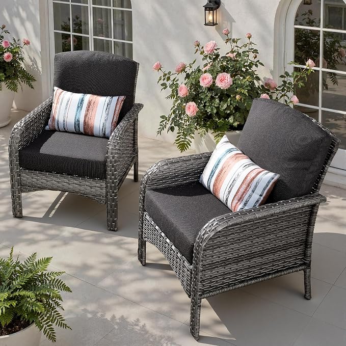 Patio Furniture Set, Outdoor Wicker Chairs of 2, Modern Rattan Outdoor Chairs Conversation Set, All Weather High Back Patio Sofa with Comfy Cushions for Porch, Balcony, Garden, Black