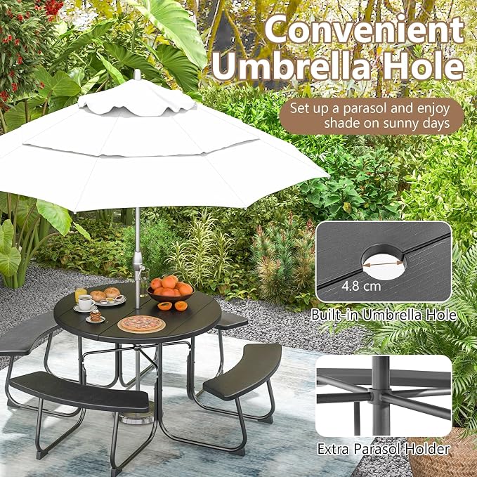 COSTWAY Round Picnic Table with Umbrella Hole, Outdoor Picnic Table with Bench Set for 4-8 People, HDPE Tabletop, Patio Dining Furniture Set for Family Gatherings, BBQ Party, Backyard (Black)