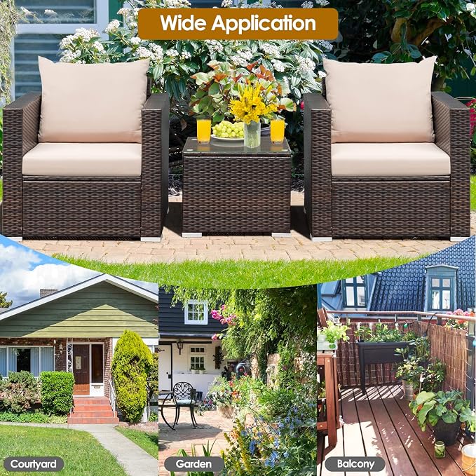 RELAX4LIFE 3-Piece Wicker Bistro Set - Outdoor Patio Rattan Sofa Set w/Washable Cushions & Tempered Glass Coffee Table, Conversation Furniture Set for Backyard, Porch, Garden & Poolside (Brown)