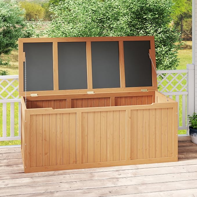 112 Gallon Outdoor Wooden Deck Box Solid Wood Storage Box Seat Table Top for Patio Furniture Cushions, Pool Toys Garden Tools