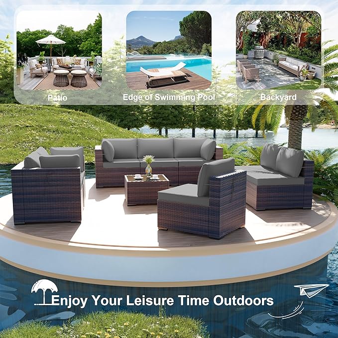 ALAULM 9 Pieces Patio Furniture Set Wicker Patio Conversation Set with 4 Corner Sofas, Outdoor Sectional Furniture w/Coffee Table & Washable Seat Cushions-Grey