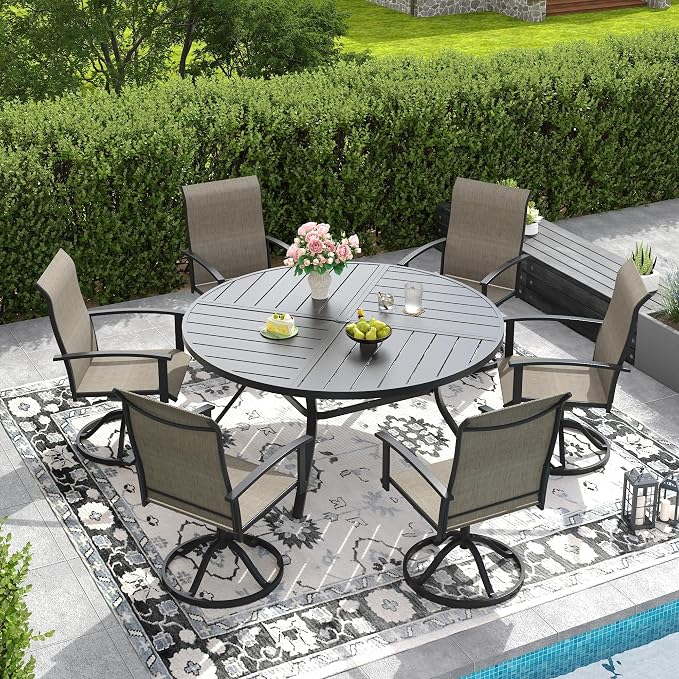 DIFY 7 Pieces Outdoor Dining Set, Metal Patio Table and Chairs Set for 6 with Umbrella Hole, 53.1" Black Round Table and Brown Textilene Swivel Patio Chairs for Garden, Backyard, Poolside