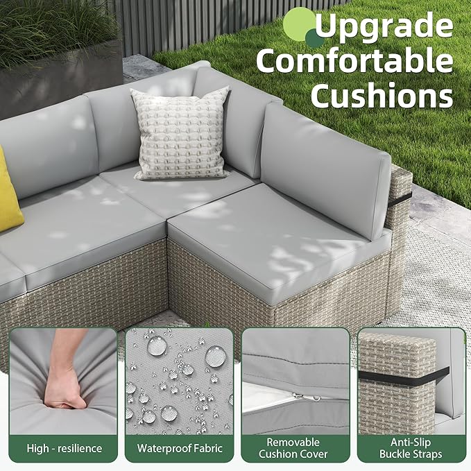 7-Piece Outdoor Sectional Sofa Set, Weather-Resistant Patio Furniture Set with Washable Cushions and Coffee Table, Grey Rattan Patio Conversation Set for Poolside, Backyard, Deck (Grey)