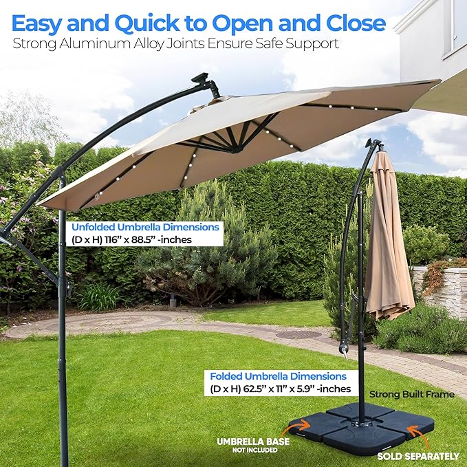 SereneLife 10ft Patio Table Umbrella, 6 Sturdy Ribs with Push Button Tilt and Solar LED Lights, Easy Close Open Crank, Outdoor Furniture for Garden Lawn Deck Pool Beach, Cross Base Included