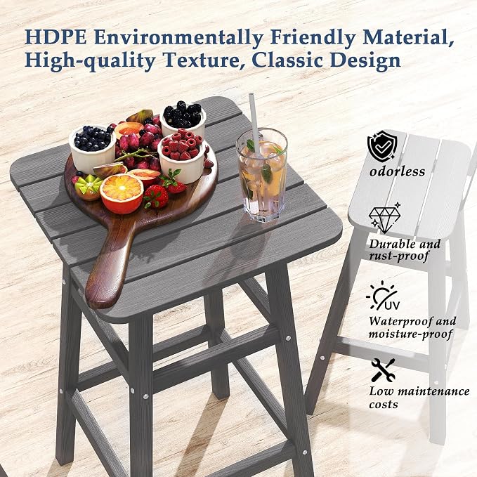 3-Piece Outdoor Counter Height Bar Table Set, 42" Pub & Bistro Table with 2 Stools, HDPE Weather Resistant for Patio/Backyard/Garden/Poolside, Grey