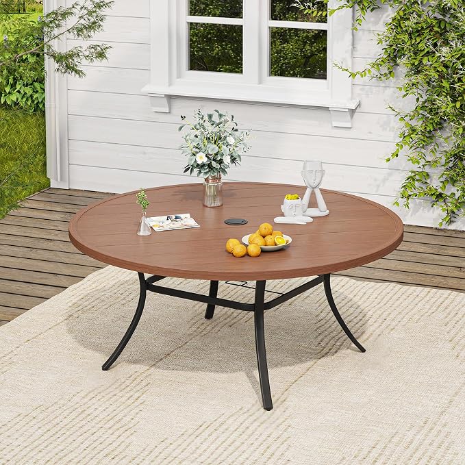 VICLLAX Round Patio Dining Set for 10, Metal Slatted Patio Table with Umbrella Hole and Stackable Patio Chairs for Deck Lawn Garden, Brown Fabric and Walnut Tabletop